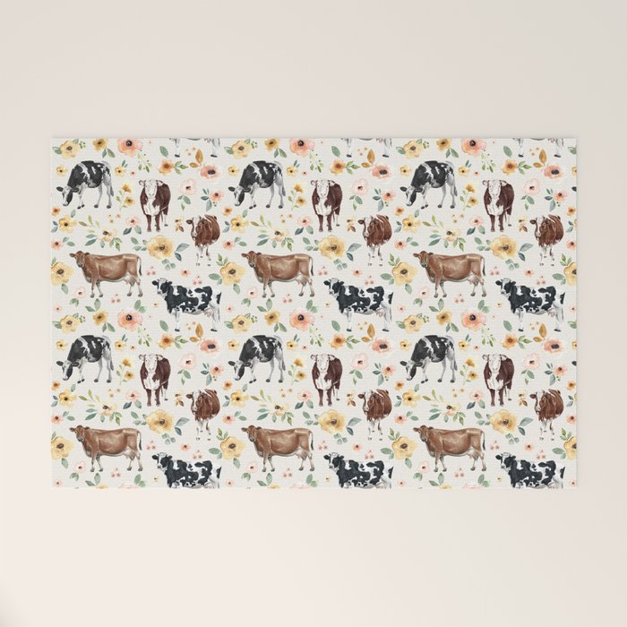 Cows with Pink and Yellow Flowers on Cream, Cow Illustration, Floral Welcome Mat Gallery Image 1