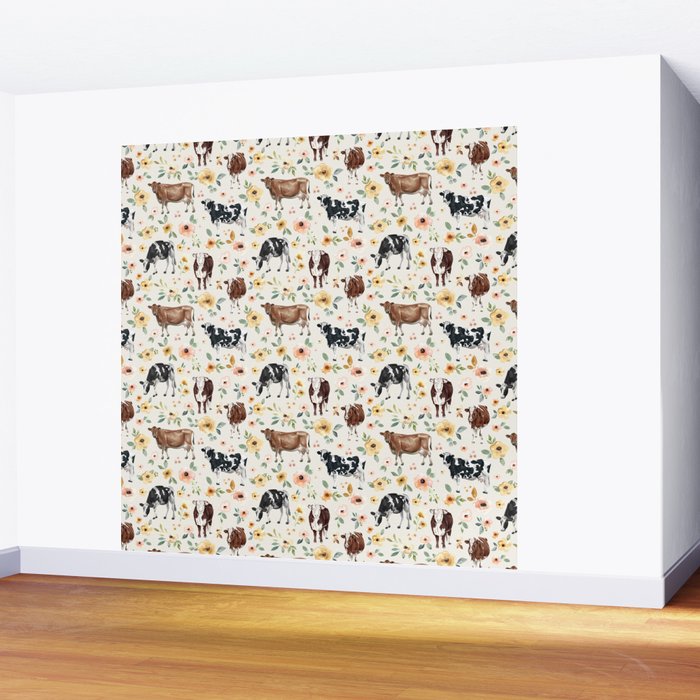 Cows with Pink and Yellow Flowers on Cream, Cow Illustration, Floral Wall Mural Gallery Image 2