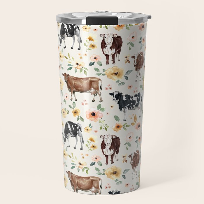 Cows with Pink and Yellow Flowers on Cream, Cow Illustration, Floral Travel Mug Gallery Image 1