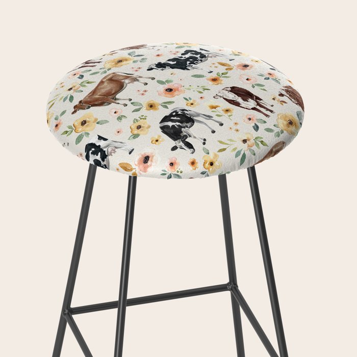 Cows with Pink and Yellow Flowers on Cream, Cow Illustration, Floral Stool Gallery Image 2