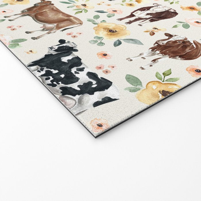 Cows with Pink and Yellow Flowers on Cream, Cow Illustration, Floral Welcome Mat Gallery Image 2