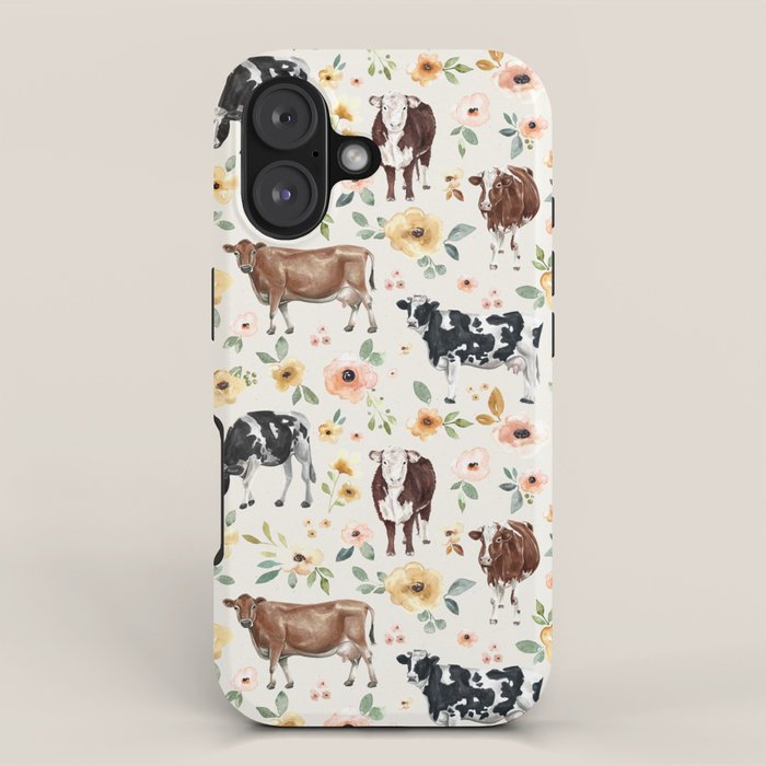 Cows with Pink and Yellow Flowers on Cream, Cow Illustration, Floral iPhone Case Gallery Image 1