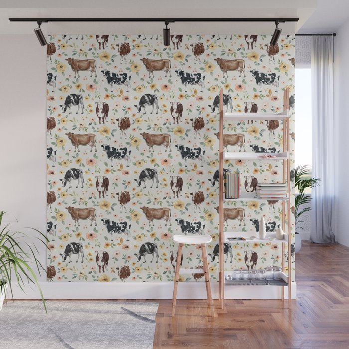 Cows with Pink and Yellow Flowers on Cream, Cow Illustration, Floral Wall Mural Gallery Image 1