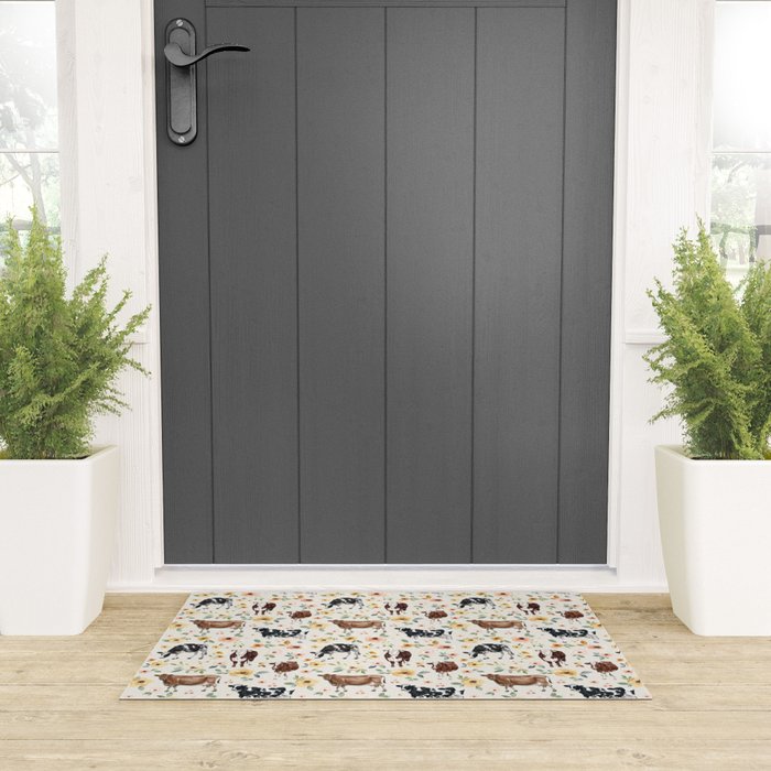 Cows with Pink and Yellow Flowers on Cream, Cow Illustration, Floral Welcome Mat Gallery Image 3