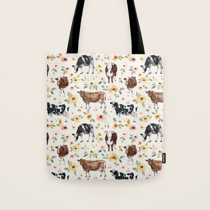 Cows with Pink and Yellow Flowers on Cream, Cow Illustration, Floral Tote Bag Gallery Image 1