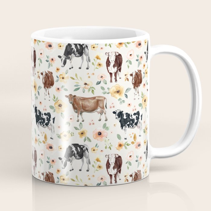 Cows with Pink and Yellow Flowers on Cream, Cow Illustration, Floral Coffee Mug Gallery Image 1