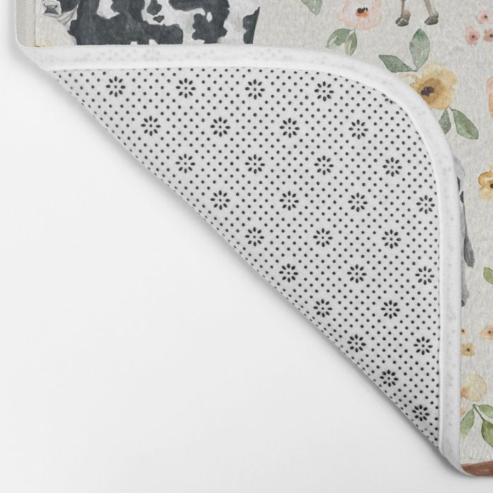 Cows with Pink and Yellow Flowers on Cream, Cow Illustration, Floral Bath Mat Gallery Image 2