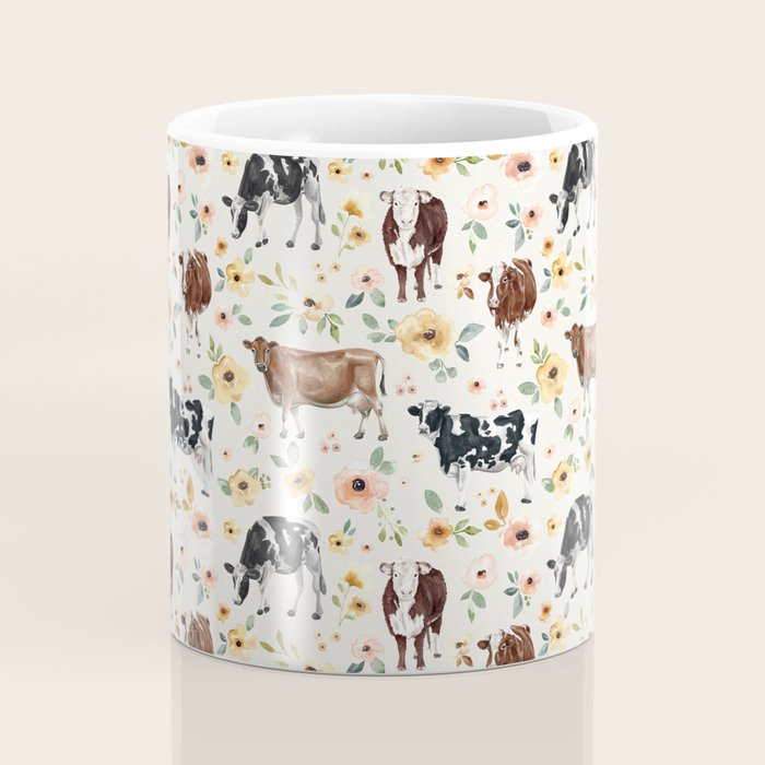 Cows with Pink and Yellow Flowers on Cream, Cow Illustration, Floral Coffee Mug Gallery Image 4