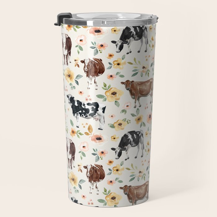 Cows with Pink and Yellow Flowers on Cream, Cow Illustration, Floral Travel Mug Gallery Image 3