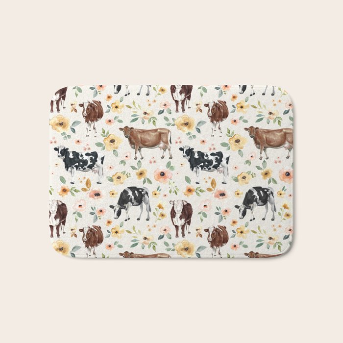 Cows with Pink and Yellow Flowers on Cream, Cow Illustration, Floral Bath Mat Gallery Image 1