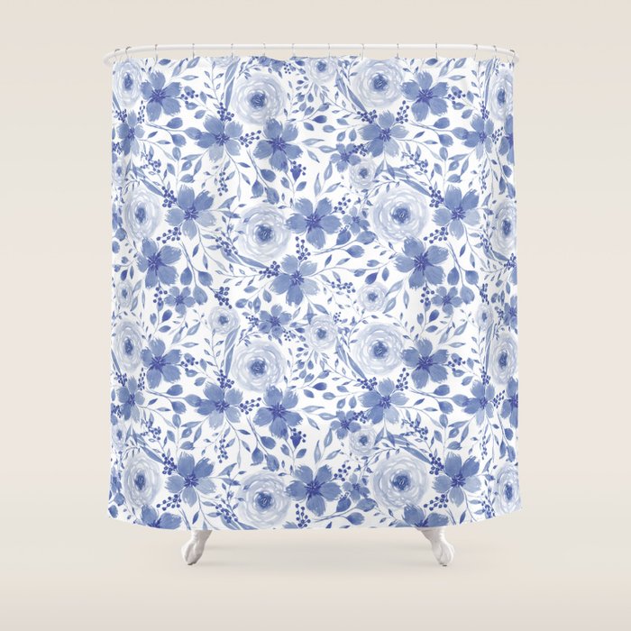 Blue and White Watercolor Florals Shower Curtain Gallery Image 1