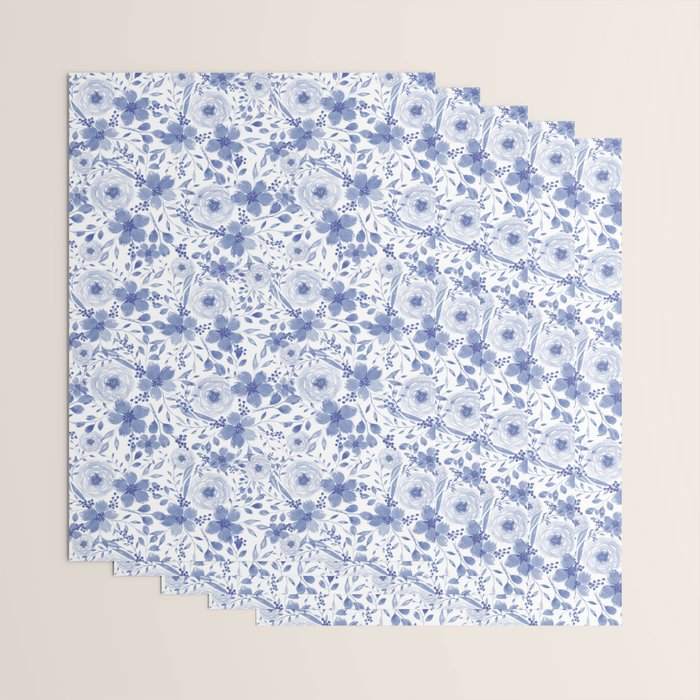 Blue and White Watercolor Florals Wrapping Paper Gallery Image 3