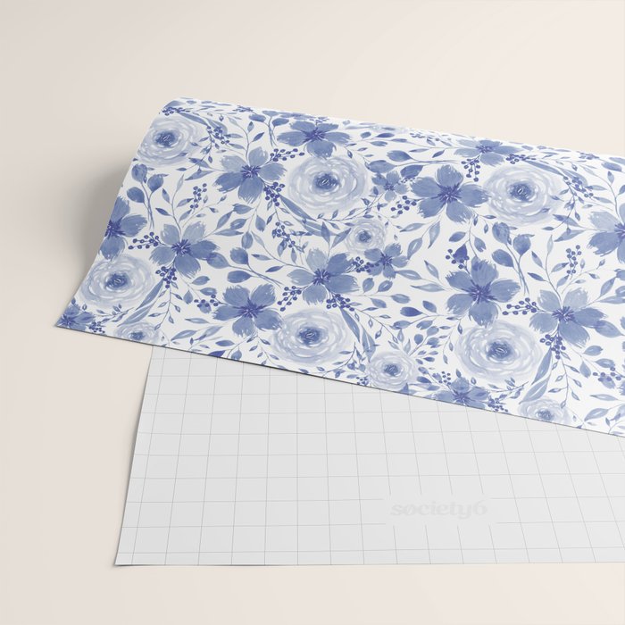 Blue and White Watercolor Florals Wrapping Paper Gallery Image 2