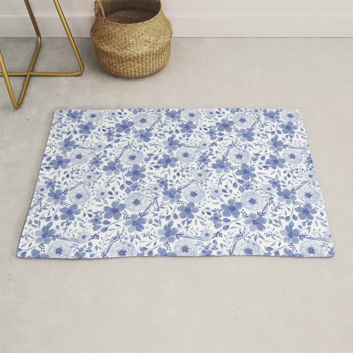Blue and White Watercolor Florals Rug Gallery Image 1