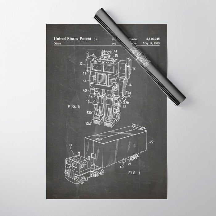 Optimus Prime Patent - Transformers Fan Comic Book Geek Art - Black Chalkboard Wrapping Paper Gallery Image 1