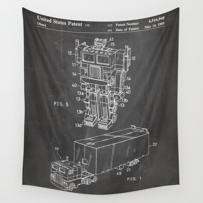 Optimus Prime Patent - Transformers Fan Comic Book Geek Art - Black Chalkboard Wall Tapestry Gallery Image 4