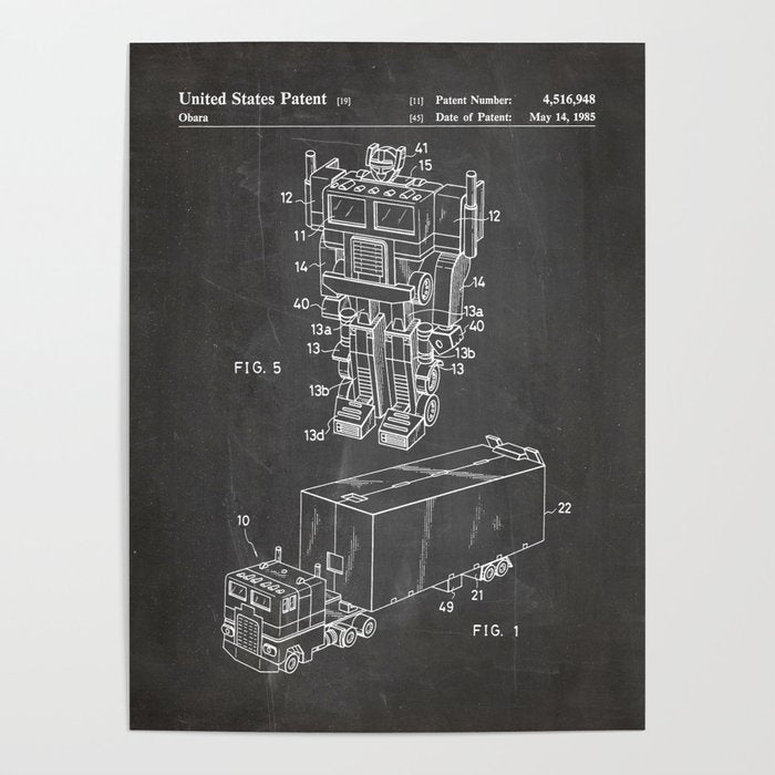 Optimus Prime Patent - Transformers Fan Comic Book Geek Art - Black Chalkboard Poster Gallery Image 4