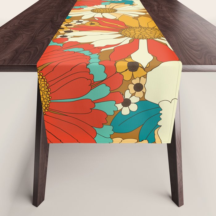 Red, Orange, Turquoise and Brown Retro Floral Pattern Table Runner Gallery Image 1