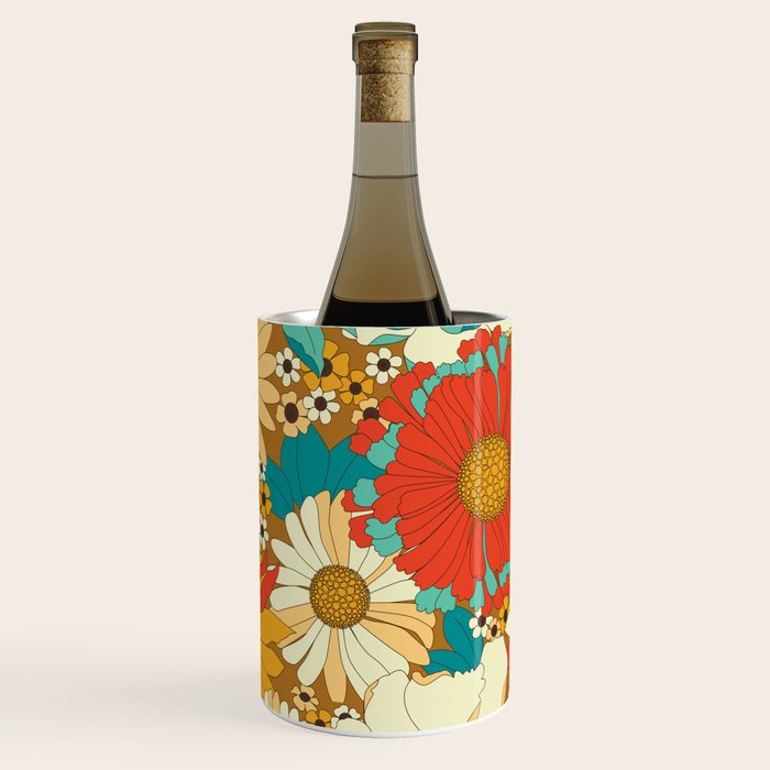 Red, Orange, Turquoise and Brown Retro Floral Pattern Wine Chiller Gallery Image 1