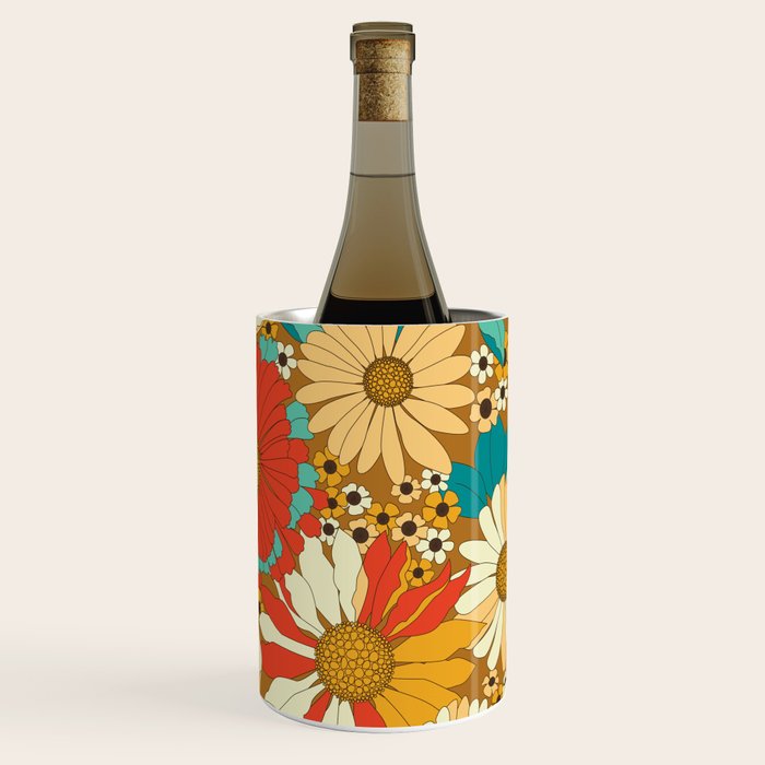 Red, Orange, Turquoise and Brown Retro Floral Pattern Wine Chiller Gallery Image 2