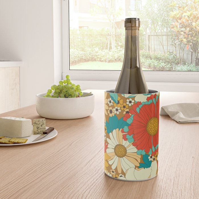Red, Orange, Turquoise and Brown Retro Floral Pattern Wine Chiller Gallery Image 4