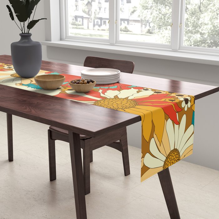 Red, Orange, Turquoise and Brown Retro Floral Pattern Table Runner Gallery Image 2