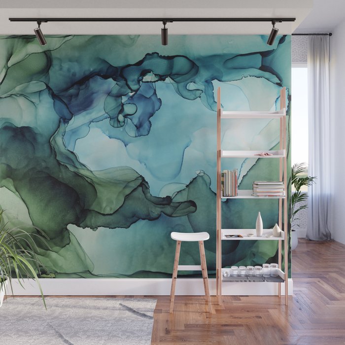 Land and Water Abstract Ink Painting Blues and Greens Wall Mural Gallery Image 1