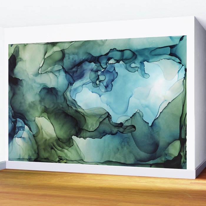 Land and Water Abstract Ink Painting Blues and Greens Wall Mural Gallery Image 2