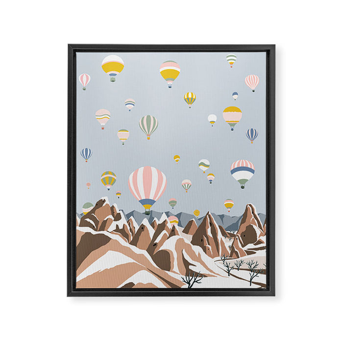 Hot air balloons over snowy mountains Framed Canvas Print Gallery Image 1