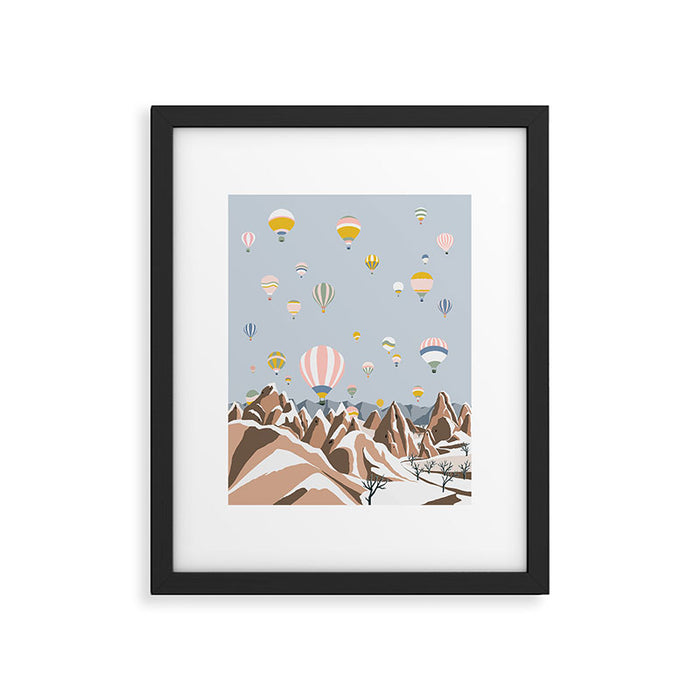 Hot air balloons over snowy mountains Framed Art Print Gallery Image 1
