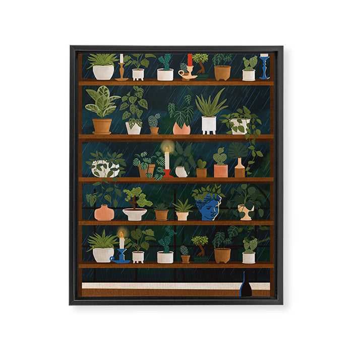 Plant Shelves Rainy Night Framed Canvas Print Gallery Image 1