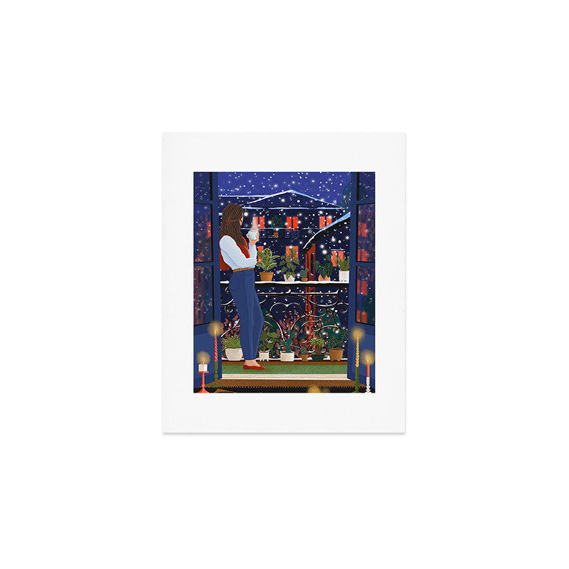 Romantic Snowy City Night Art Print Gallery Image 1