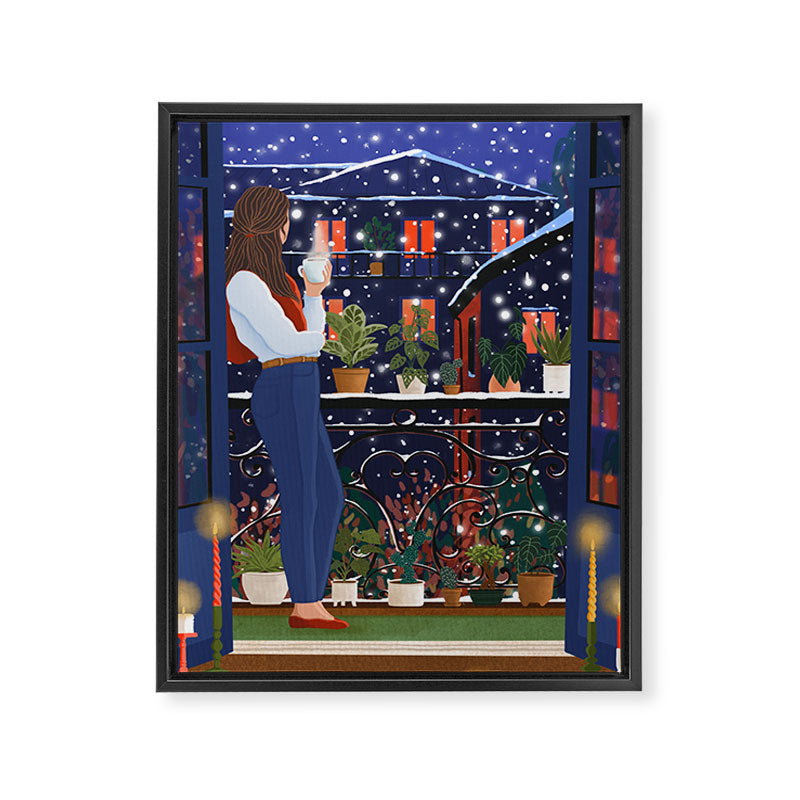 Romantic Snowy City Night Framed Canvas Print Gallery Image 6
