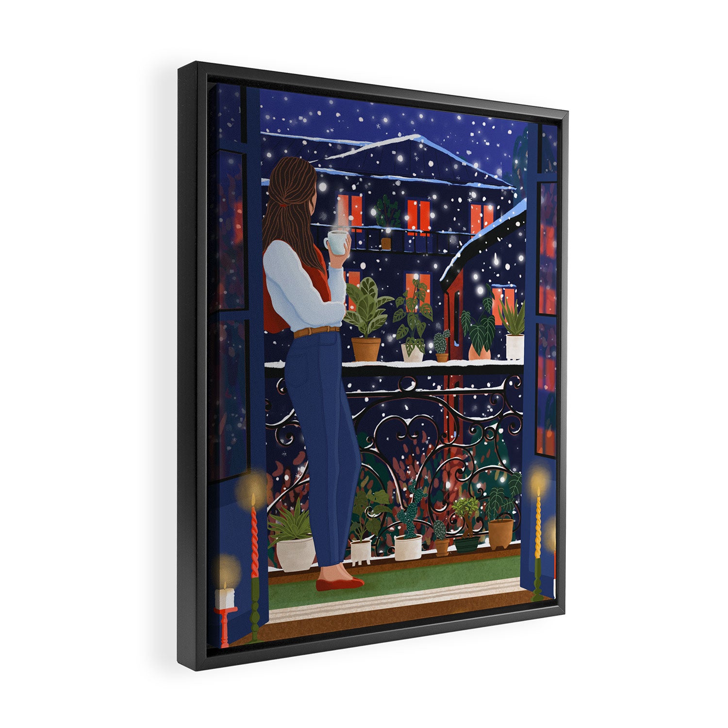 Romantic Snowy City Night Framed Canvas Print Gallery Image 2