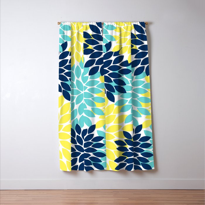 Navy Yellow Aqua Flower Pattern, Floral Pattern, Flower Petals, Flower Burst Window Curtain Gallery Image 3