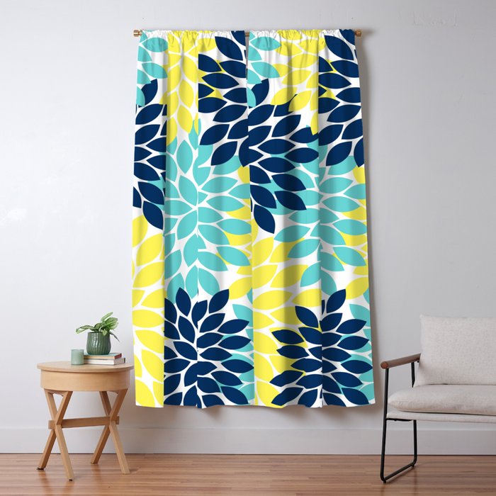 Navy Yellow Aqua Flower Pattern, Floral Pattern, Flower Petals, Flower Burst Window Curtain Gallery Image 5