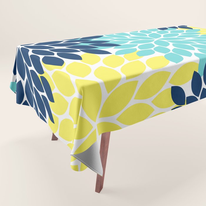 Navy Yellow Aqua Flower Pattern, Floral Pattern, Flower Petals, Flower Burst Tablecloth Gallery Image 1