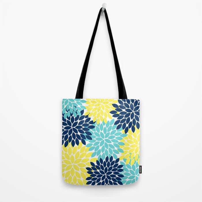 Navy Yellow Aqua Flower Pattern, Floral Pattern, Flower Petals, Flower Burst Tote Bag Gallery Image 2