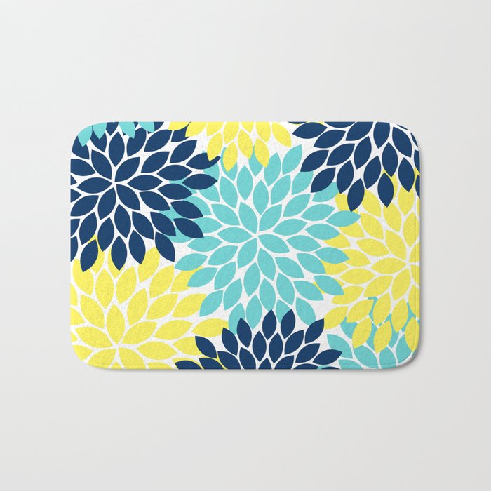 Navy Yellow Aqua Flower Pattern, Floral Pattern, Flower Petals, Flower Burst Bath Mat Gallery Image 1
