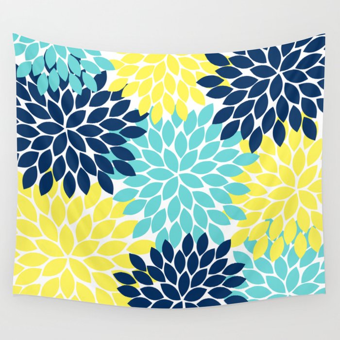Navy Yellow Aqua Flower Pattern, Floral Pattern, Flower Petals, Flower Burst Wall Tapestry Gallery Image 4
