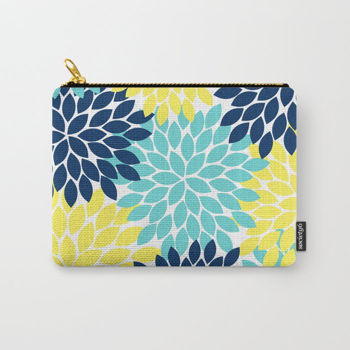 Navy Yellow Aqua Flower Pattern, Floral Pattern, Flower Petals, Flower Burst Carry All Pouch Gallery Image 1