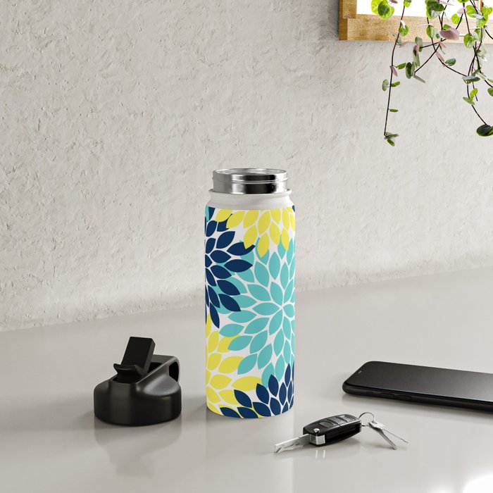 Navy Yellow Aqua Flower Pattern, Floral Pattern, Flower Petals, Flower Burst Water Bottle Gallery Image 4