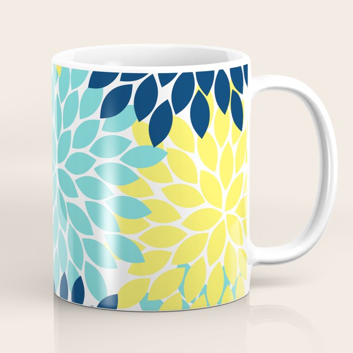 Navy Yellow Aqua Flower Pattern, Floral Pattern, Flower Petals, Flower Burst Coffee Mug Gallery Image 1