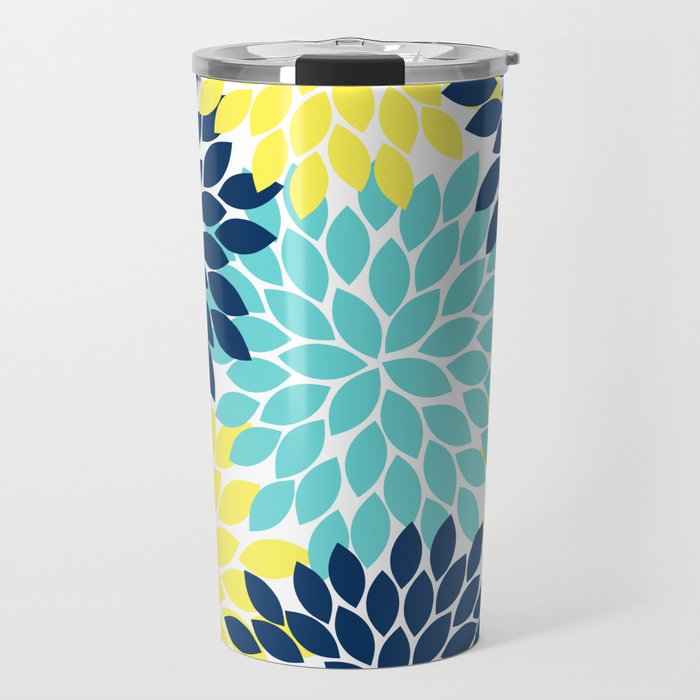 Navy Yellow Aqua Flower Pattern, Floral Pattern, Flower Petals, Flower Burst Travel Mug Gallery Image 1