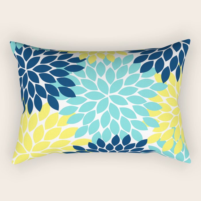 Navy Yellow Aqua Flower Pattern, Floral Pattern, Flower Petals, Flower Burst Rectangular Pillow Gallery Image 2