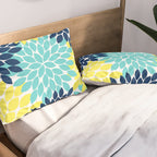 Navy Yellow Aqua Flower Pattern, Floral Pattern, Flower Petals, Flower Burst Pillow Sham Gallery Image 2