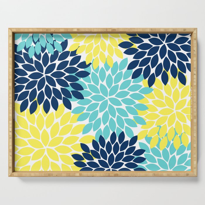 Navy Yellow Aqua Flower Pattern, Floral Pattern, Flower Petals, Flower Burst Serving Tray Gallery Image 1
