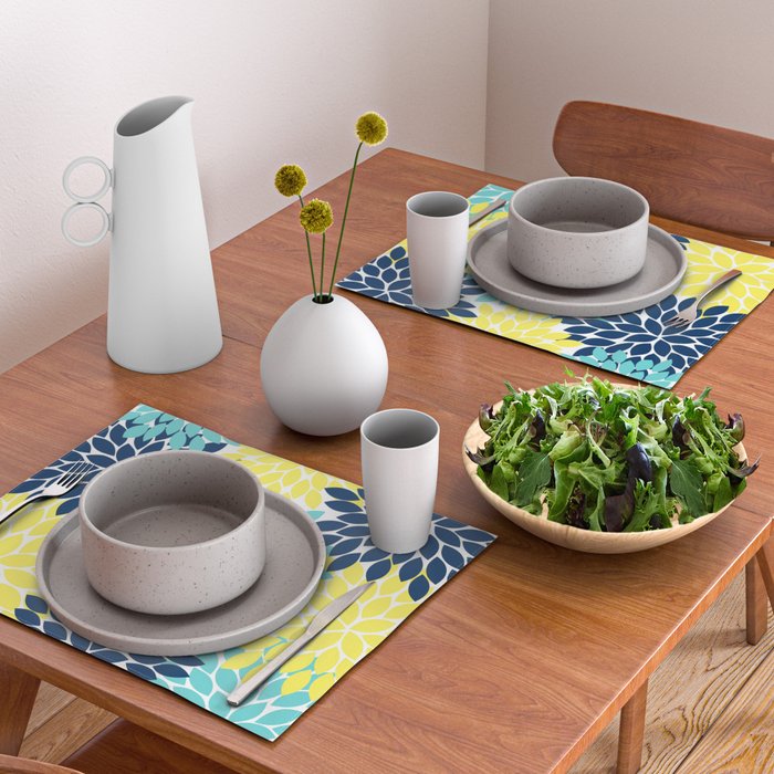 Navy Yellow Aqua Flower Pattern, Floral Pattern, Flower Petals, Flower Burst Placemat Gallery Image 2