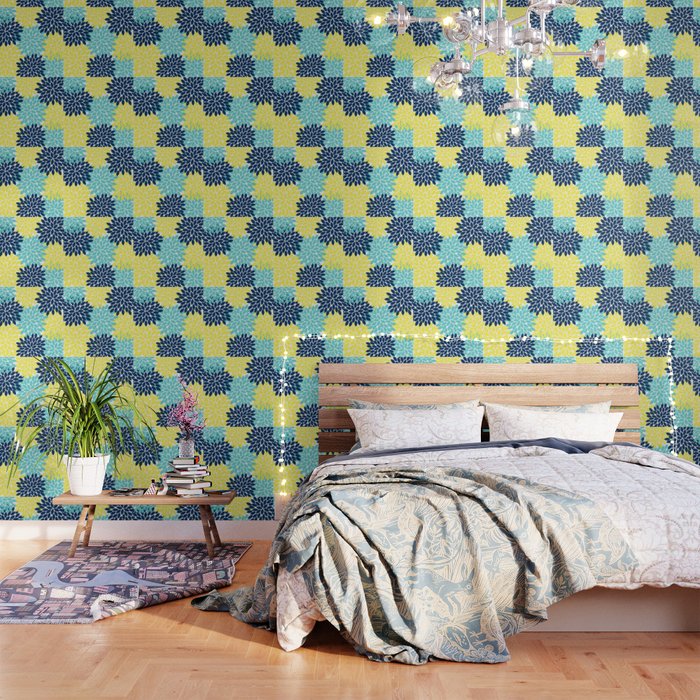 Navy Yellow Aqua Flower Pattern, Floral Pattern, Flower Petals, Flower Burst Wallpaper Gallery Image 3