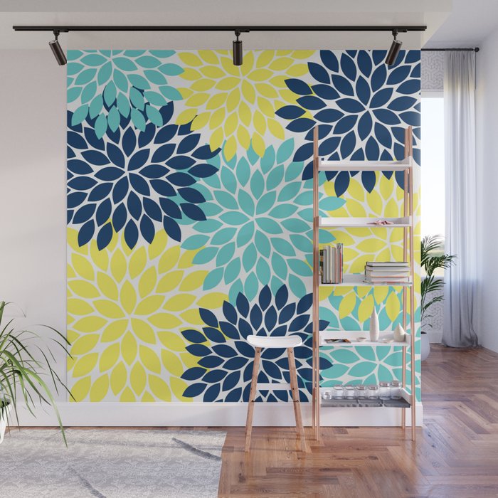 Navy Yellow Aqua Flower Pattern, Floral Pattern, Flower Petals, Flower Burst Wall Mural Gallery Image 1